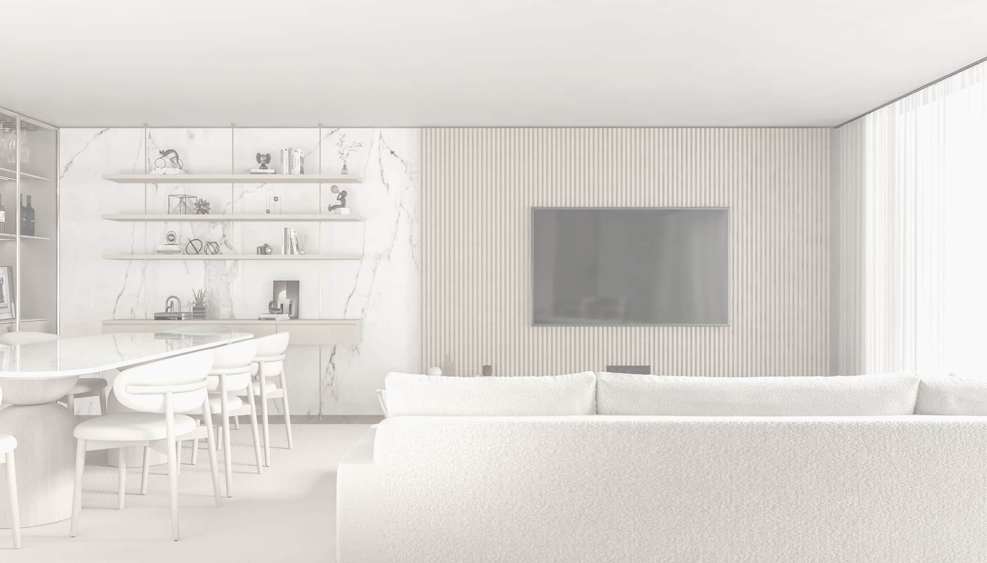 A calm neutral interior in sand tones with open floor space